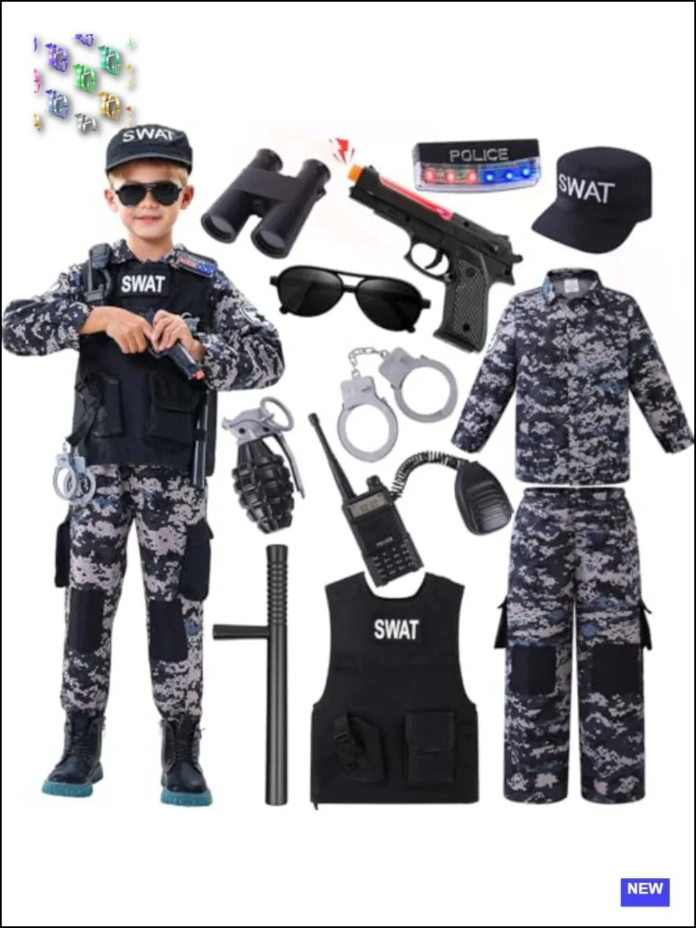Kids SWAT Police Officer Costume with Vest, Camo Uniform, Accessories Halloween